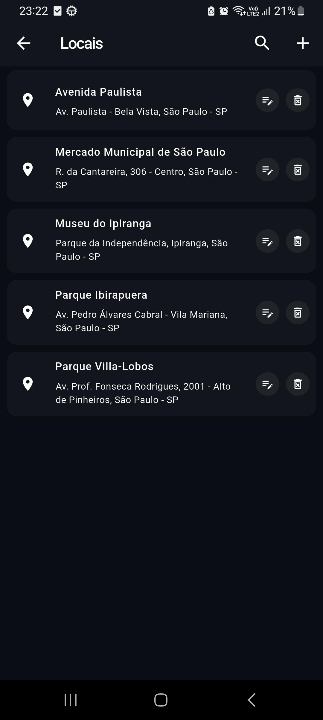 Tela de lugares do aplicativo Levi: Finanças.